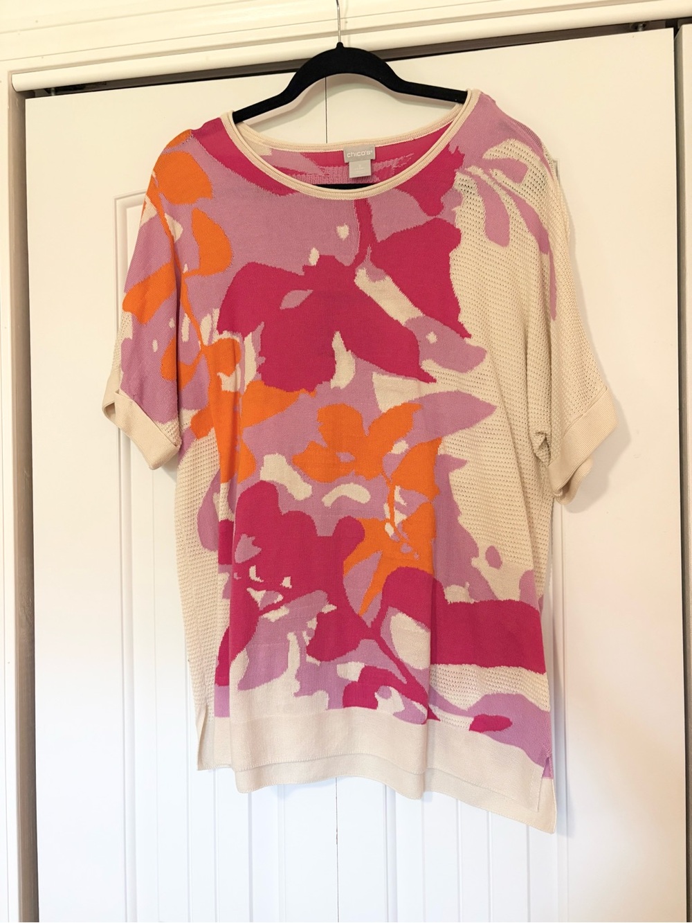 Chico's Cream Knit Tee with Pink, Mauve & Orange Floral Pattern